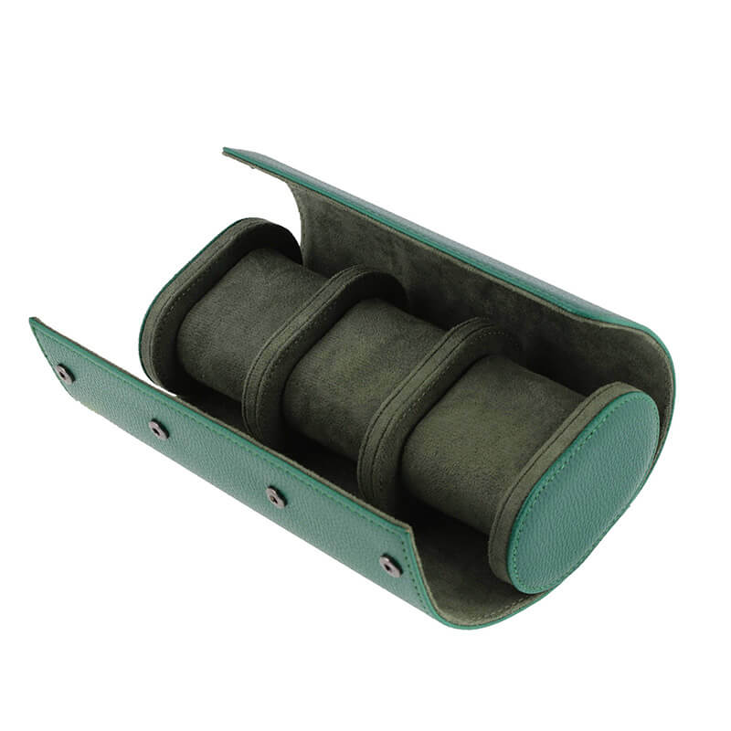 Premium Triple Green Leather Watch Roll with Super Soft Suede Lining