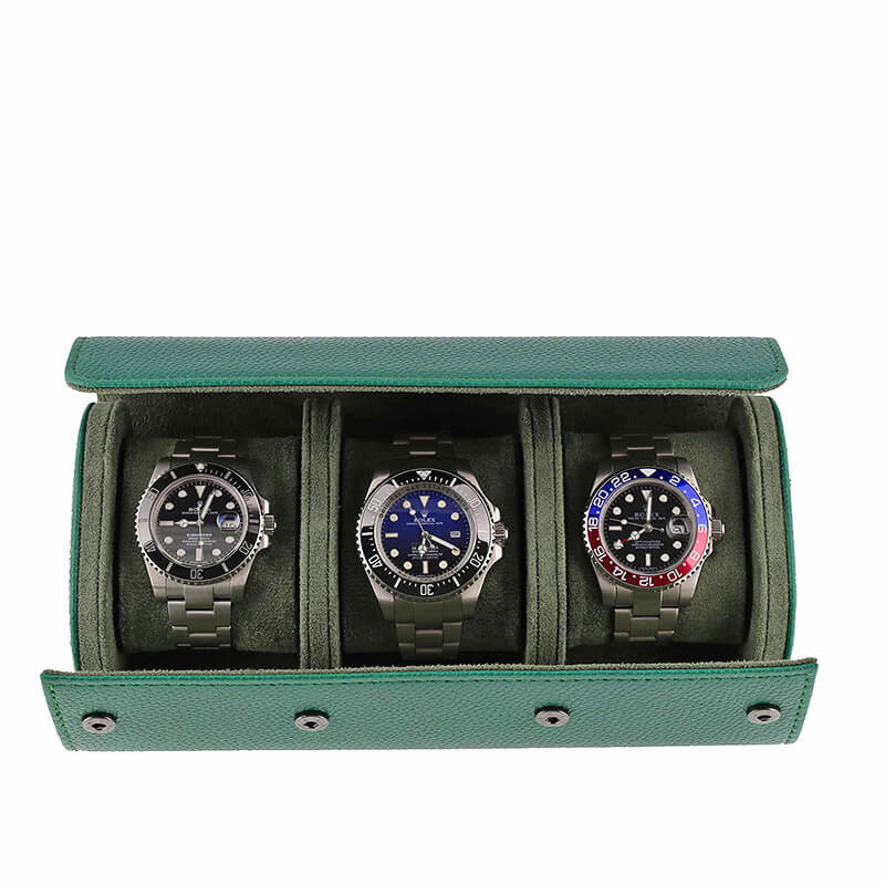 Premium Triple Green Leather Watch Roll with Super Soft Suede Lining