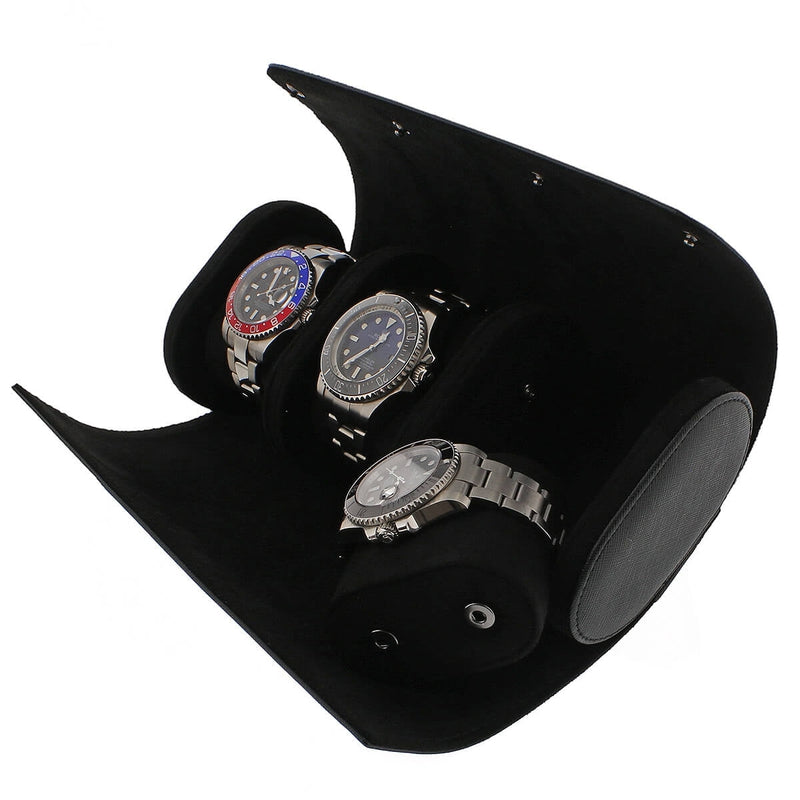 Premium Triple Watch Roll in Black Saffiano Leather with Super Black Suede Lining