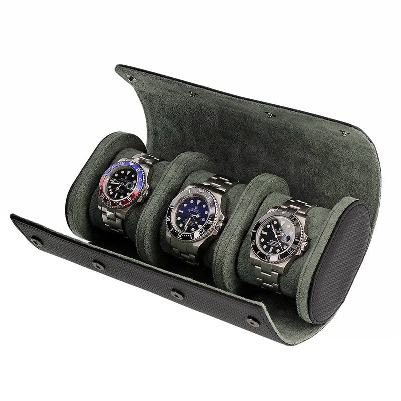 Premium Triple Watch Roll in Carbon Fibre Leather Super Soft Green Lining