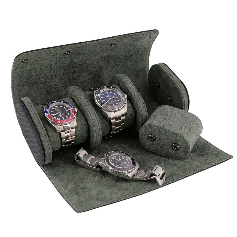 Premium Triple Watch Roll in Carbon Fibre Leather Super Soft Green Lining - Swiss Watch Store UK