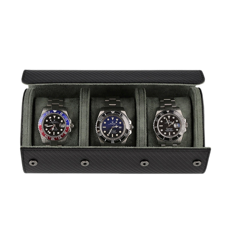 Premium Triple Watch Roll in Carbon Fibre Leather Super Soft Green Lining