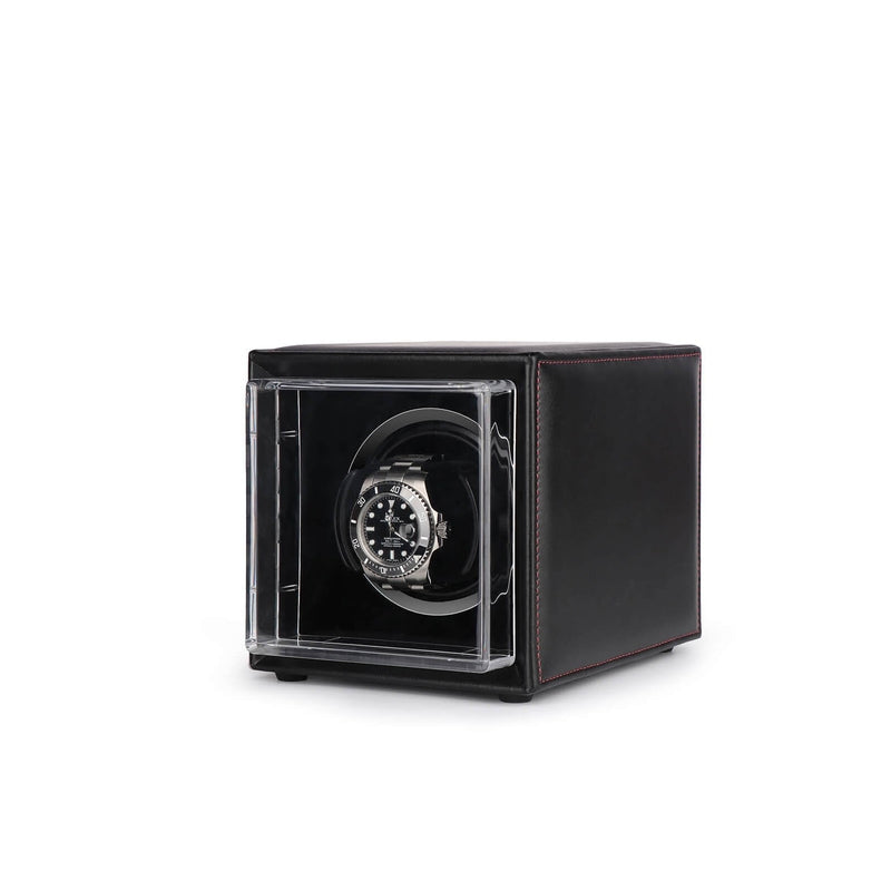 Single Watch Winder Black Leather Red Stitching Mains or Battery