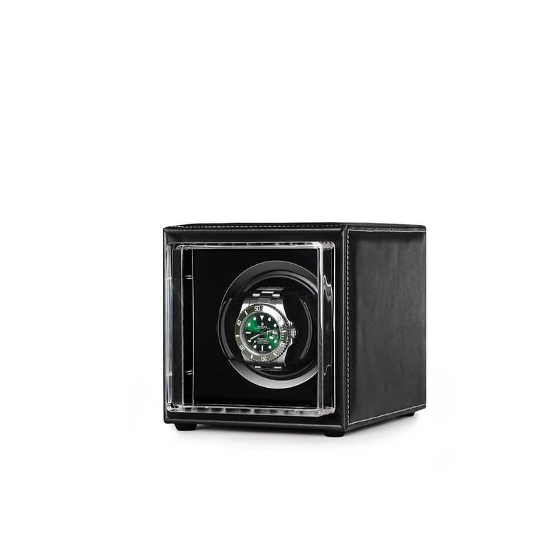 Single Watch Winder Black Leather White Stitching Mains or Battery