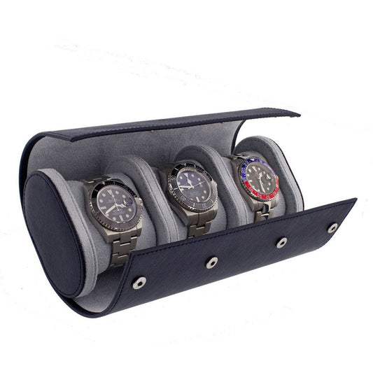 Triple Watch Roll in Navy Blue Saffiano Real Leather with Super Soft Lining - Swiss Watch Store UK