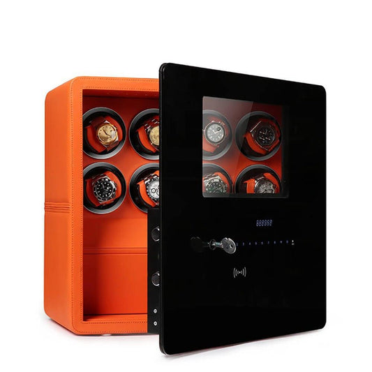 Watch Winder Safe in Orange Leather for 8 Watches by Aevitas - Swiss Watch Store UK